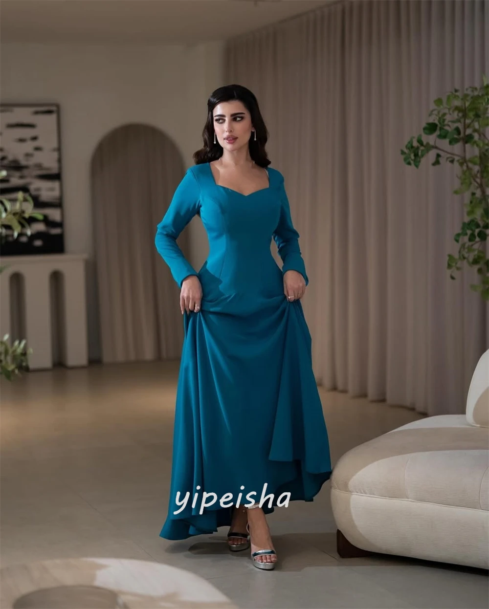 Maßgeschneiderter, moderner Stil, klassischer Jersey, gerüschter Knopf, A-Linie, quadratischer Ausschnitt, lange Kleider, Abendkleider, hochwertige, passende Retro-Kleider