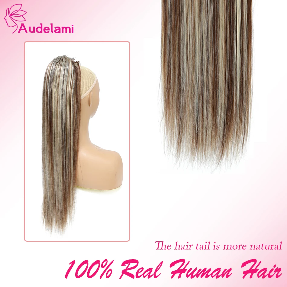 Audelami tali serut rambut manusia ekor kuda lurus 100% rambut alami asli klip ekstensi rambut dalam ekstensi rambut Remy Brasil