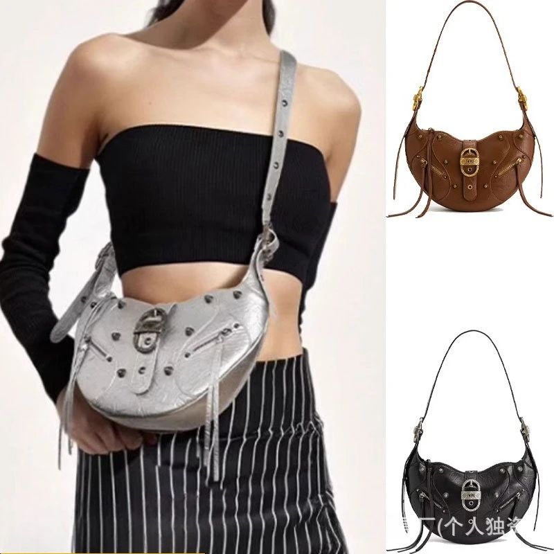 

JW Pei Croissant Bag, Waxed Leather, Large Capacity, Motorcycle Style, Shoulder Bag, Crossbody Bag, High-end Feel, Underarm Bag