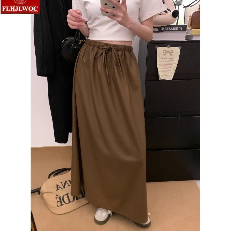 وهمية الجلود بولي تنورة تنورة عالية الخصر الرجعية مزاجه الفتيات النساء الموضة الأوروبية سيدة Shiring الخصر ربطة القوس فيونكة تنانير طويلة ماكسي