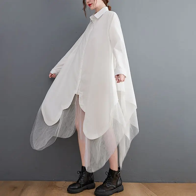 Abito camicia da donna di grandi dimensioni con orlo irregolare nero Nuovo risvolto manica lunga vestibilità ampia moda marea primavera autunno 2025