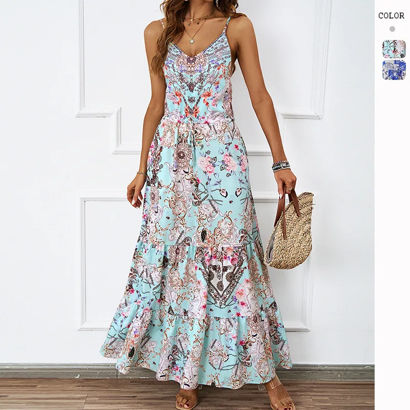 

Sexy Strapl Floral Print Long Dr Independent Station Summer 2024 High Waist Knitted Polyester A-Line Neutral Sle