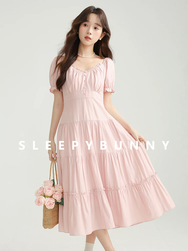 

Sweet Pink V-Neck Ruffle Dress Women High Waist Tiered Cake Skirt Summer Puff Sleeve Princess Style Outfit Girly Elegant Look