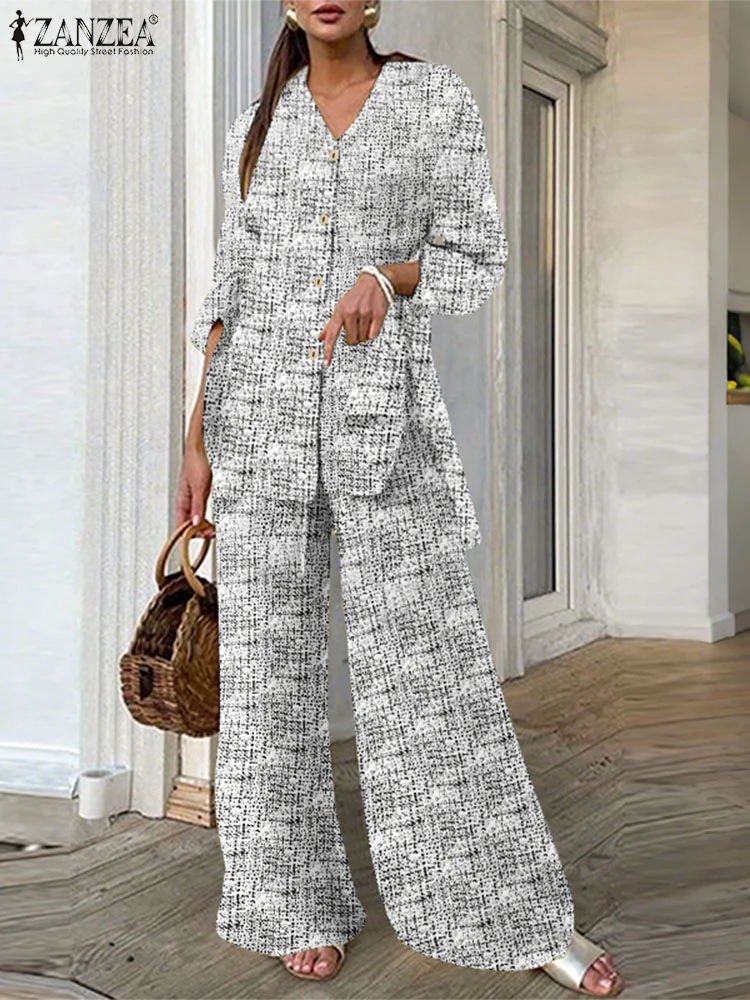 

Women 2pcs ZANZEA Vintage Pant Sets 2025 Summer Print Retro Lapel Long Sleeve Tops and Wide Leg Pants Casual Two-piece Outfits