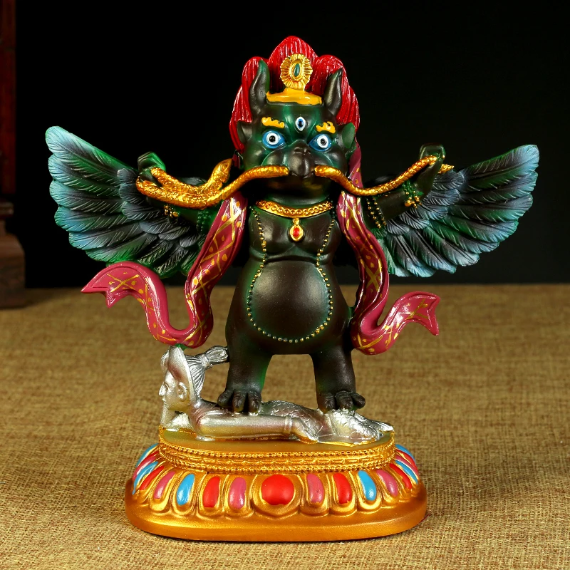 Garuda Dhwaja Protector God Statue, Resin Painted Buddhist Ornament, Home Decoration Sculpture for Protection and Blessings