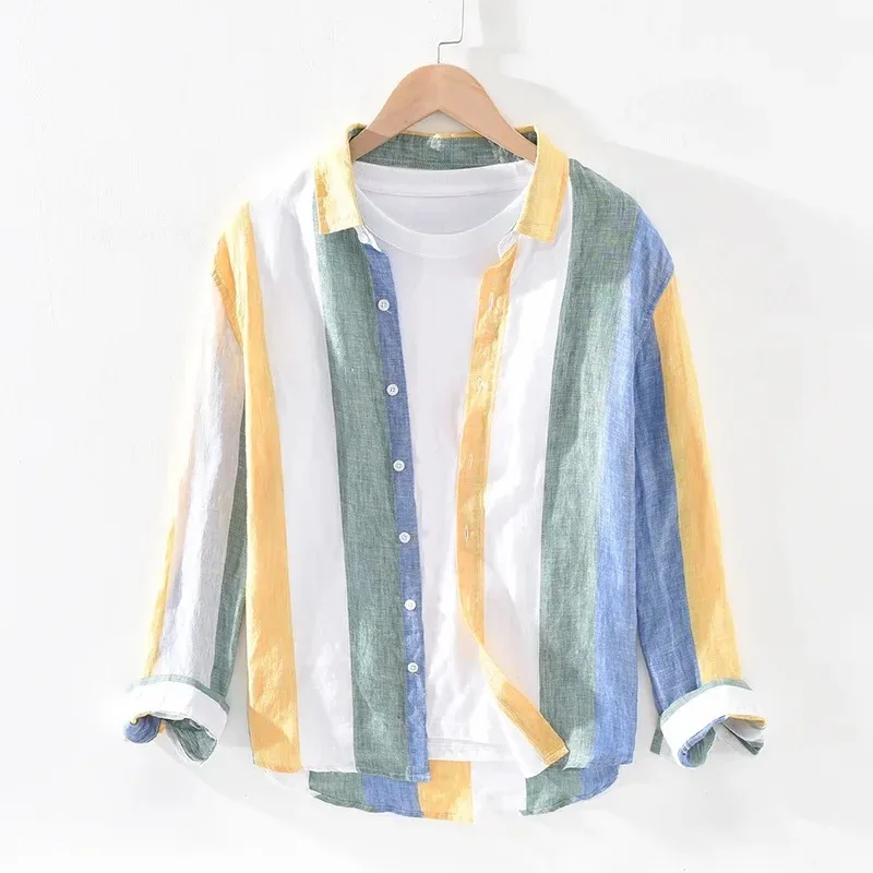 Men\'s striped linen shirt spring and autumn long sleeve loose comfortable breathable pure linen shirt