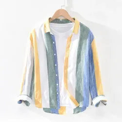 Men's striped linen shirt spring and autumn long sleeve loose comfortable breathable pure linen shirt