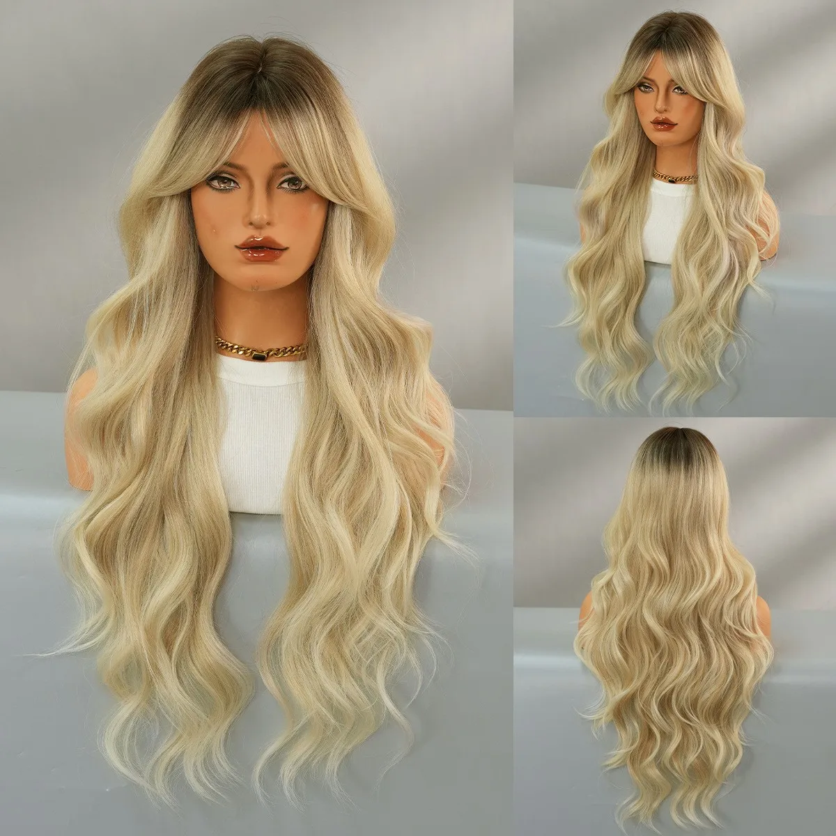 

European and American style wig female big wave long curly hair natural simulation hair medium bangs full headgear