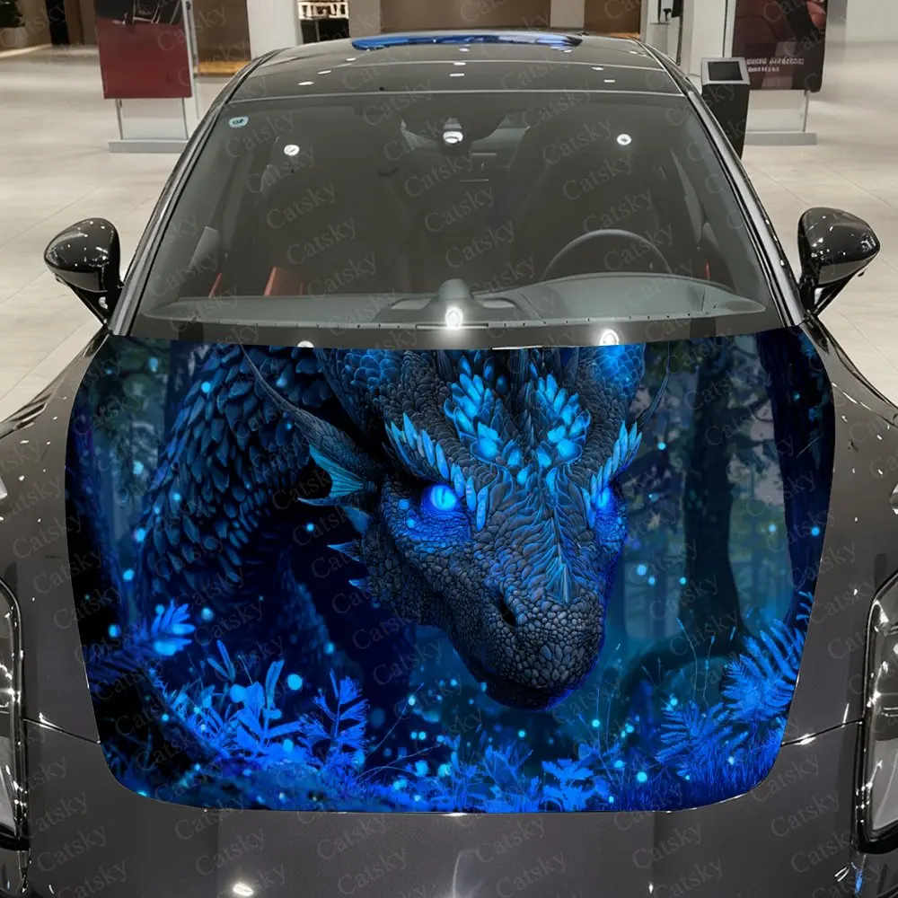 

Azure Flame Dragon Lurking Car Vinyl Wrap, PVC Material Waterproof Car Hood Sticker, Self-Adhesive Scratch-Resistant Stickers fo