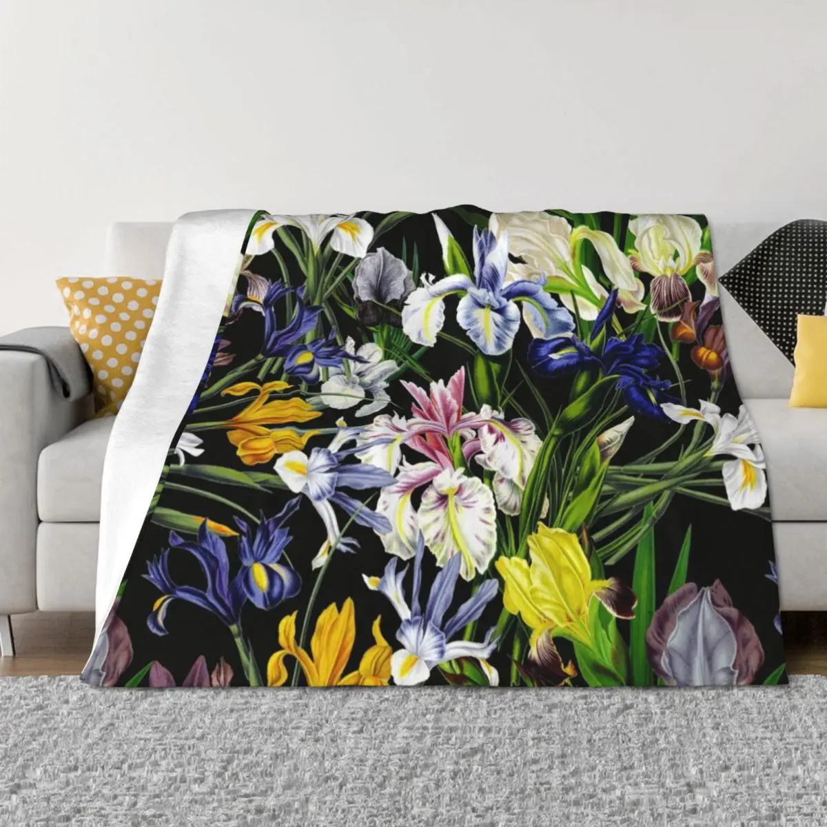 

Victorian Iris Flower Pattern Botanical Night Garden on Black Throw Blanket heavy to sleep For Baby Flannels Sofas Blankets