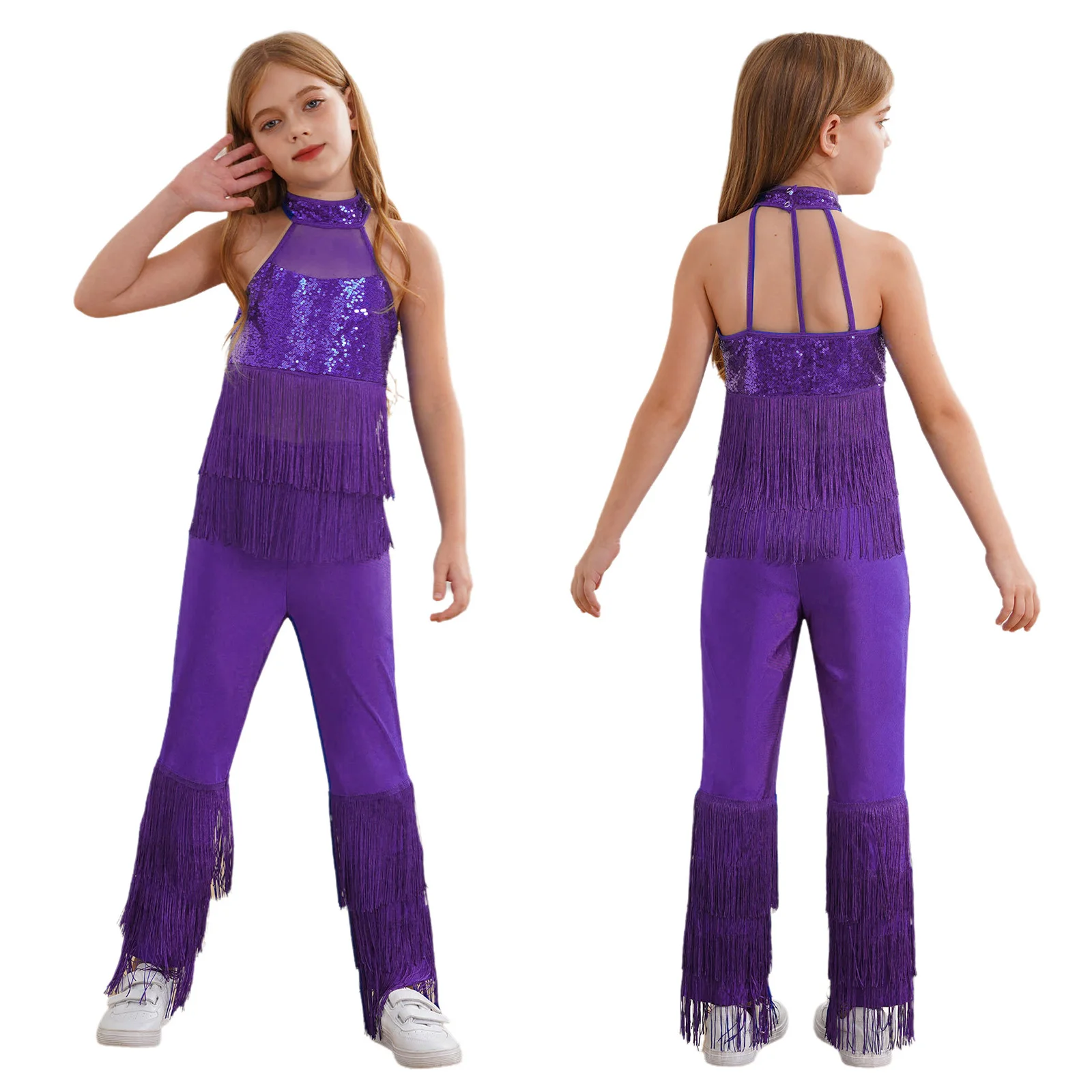 

Kids Girls Tiered Tassels Sparky Sequins Ballet Dance Jumpsuit Backless Patchwork Fringed Bodysuit for Dance Stage Performance