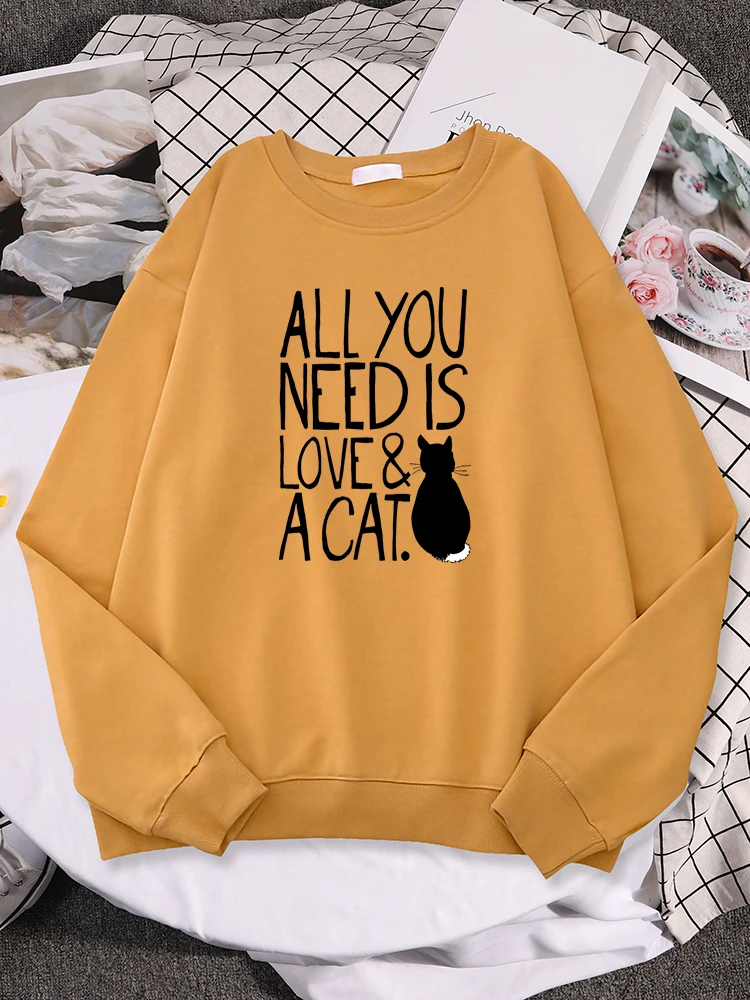 

All You Need Is Love & A Cat Print Women Hoodie Hip Hop Fleece Sportswears Autumn Oversize Sportswears Fashion Crewneck Pullover