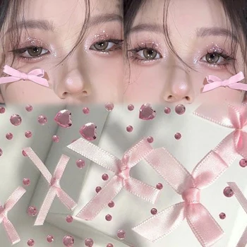 3D Yüz Takı Kristal Elmas dövme çıkartmalar Tatlı Şerit Yay Sparkly El Sanatları Kendinden Yapışkanlı Pembe Kalpler Vücut Sanatı Parti Dekor