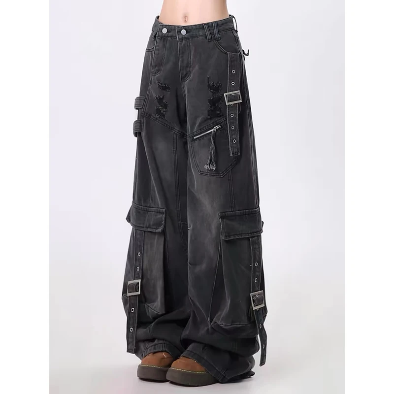 ZHIZOU سروال دينم أسود نسائي عفريت كور Y2K فضفاض فاسق واسع مناسب جان ياباني هاراجوكو أكاديميا داكن الجرونج 2000s سايبر