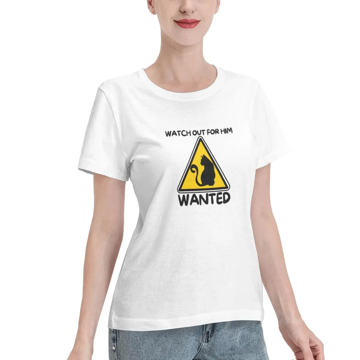 Popular On Social Watch Out For The Cat He Is Wanted Stickers Women's T-shirt School Wear Oversized Top