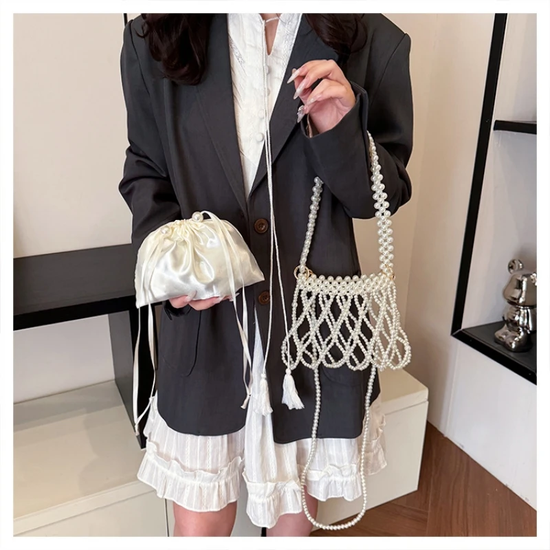 

Sweet Girls Fashionable Handmade Pearl Beaded Bag French Style Hollow Out Evening Bag Elegant Crossbody Shoulder Bag Sac A Main