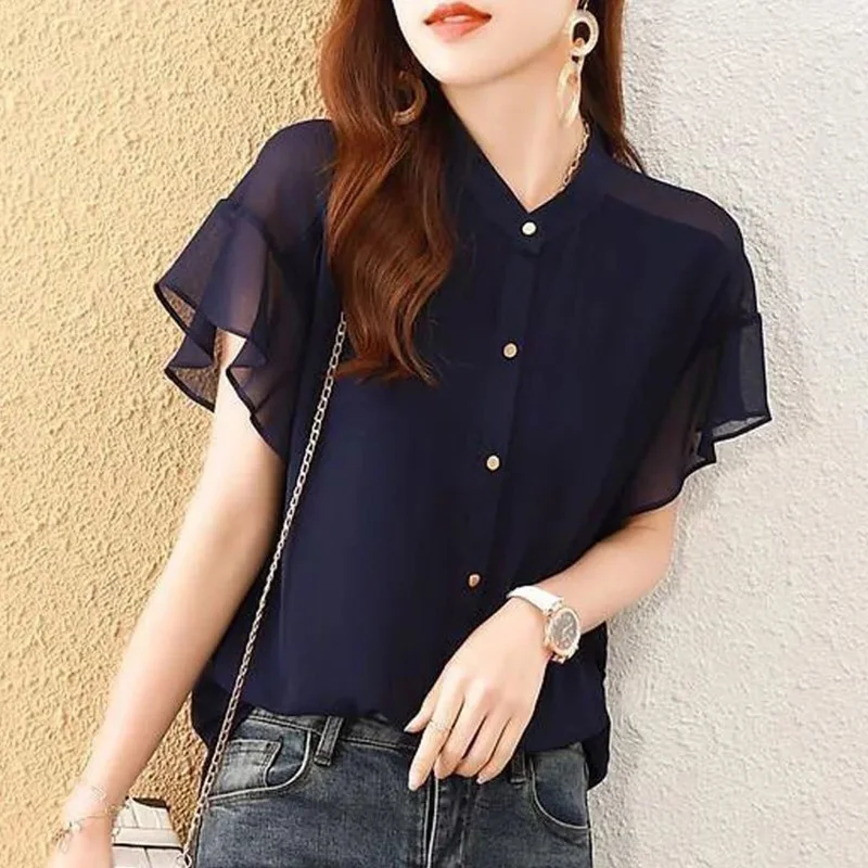 Elegant Solid Color Spliced Loose Ruffles Chiffon Shirt Women Clothing 2023 Summer New Casual Tops All-match Office Lady Blouse