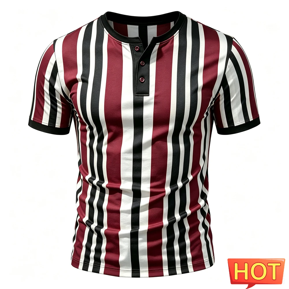 Funny Stripe Print Men's Henry Shirt Summer Casual Simple Button Tops Fashion Henry Collar Short Sleeve Tee Hip Hop Men Clothing view 5