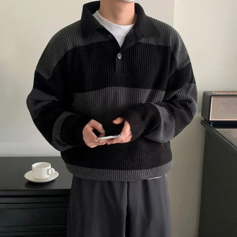 الكورية العصرية الرجال اللون المشارب بولو طوق زر سترة 2025 ربيع الخريف استرخاء صالح فضفاض عادية متماسكة ملابس خارجية