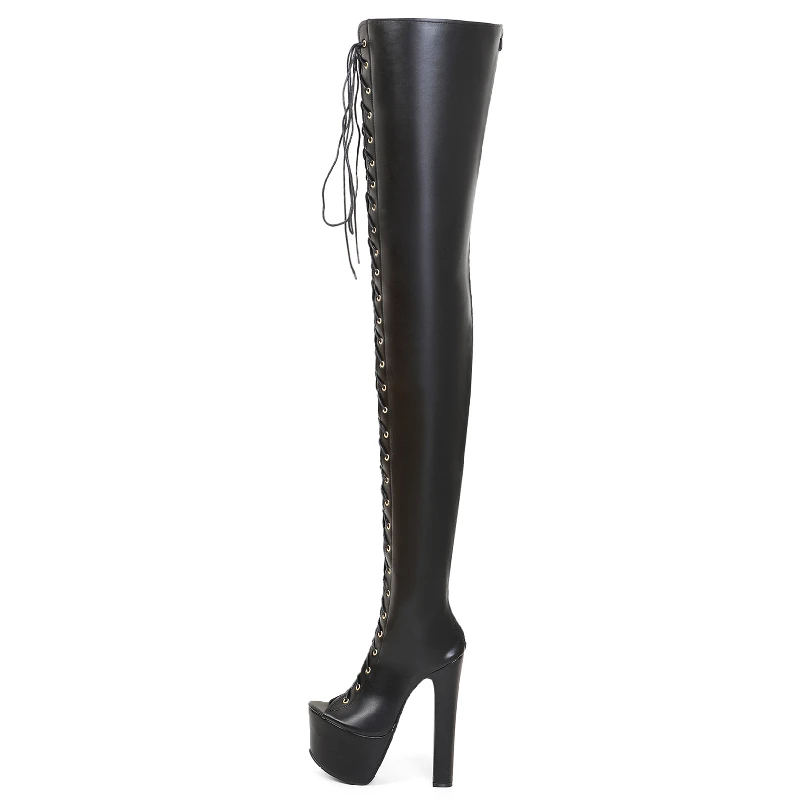 Super Hoge Laarzen Vrouwen Veters Herfst 17Cm Hoge Hakken Over De Knie Laarzen Platform Lange Stripper Fetish Schoenen Dame Grote Maat 46