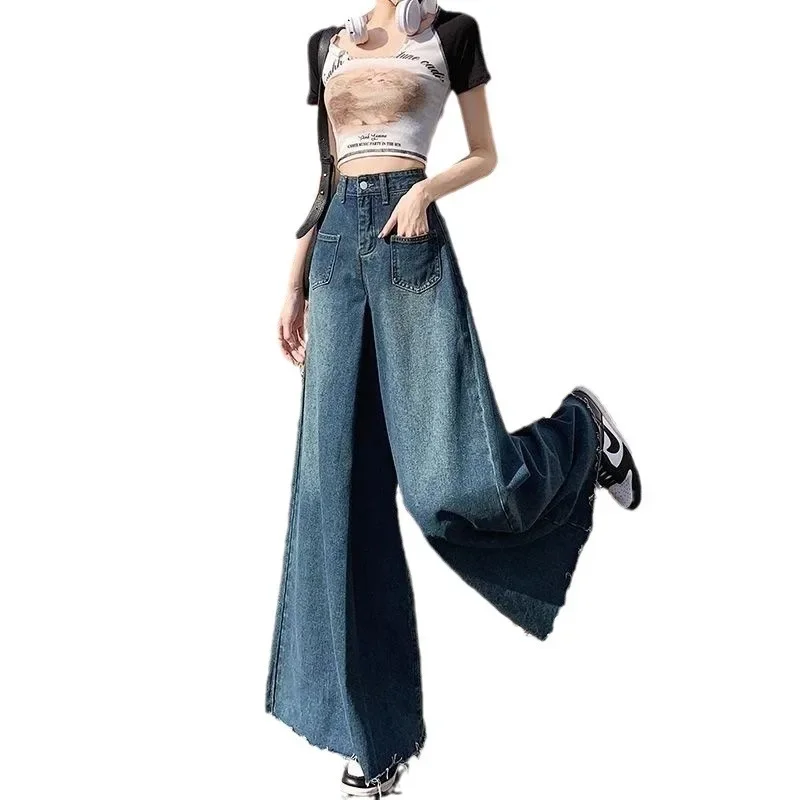 Hoch taillierte Stretch hose Vintage Super Wide-Leg Jeans Mode koreanische Ausgabe neuen Stil vielseitige gerade Baggy Jeans Frauen