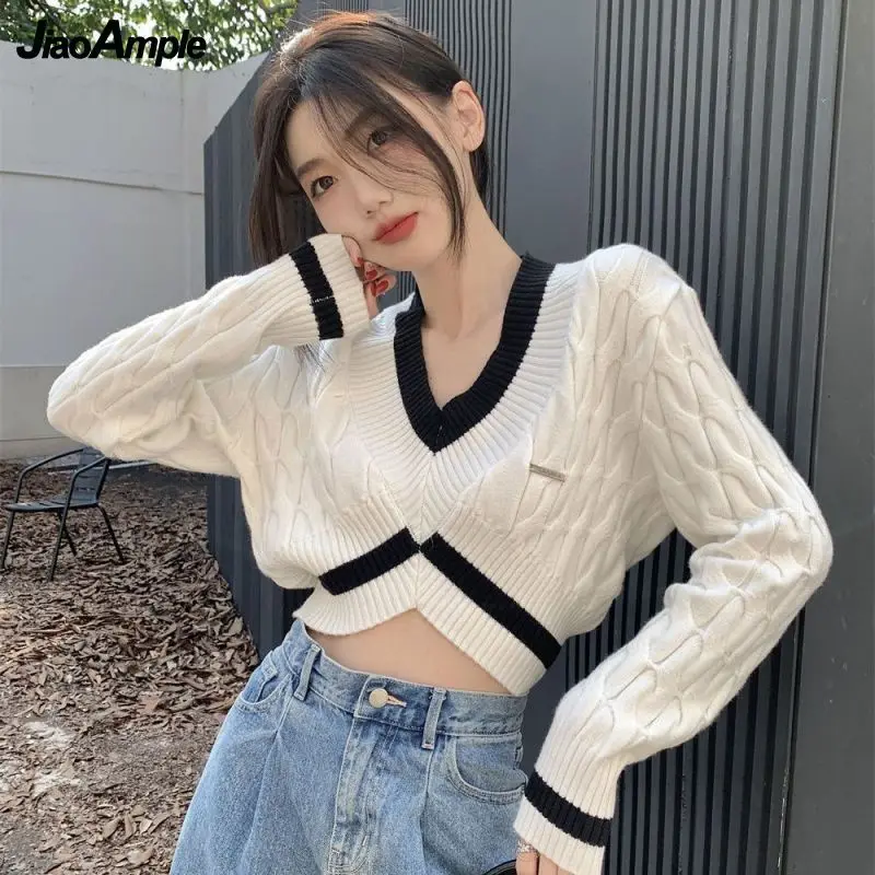 Women\'s Autumn Winter Short Sweater Korean Lady Casual V-Neck Patchwork Long Sleeve Crop Tops 2022 New Knit Pullover Female