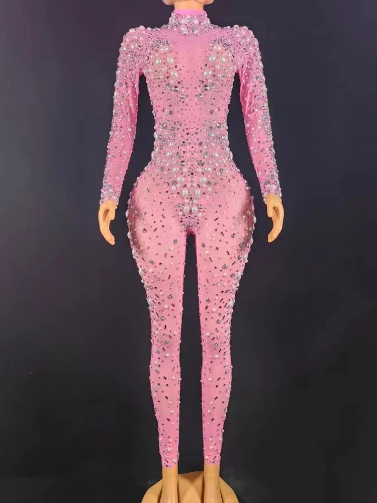 Hoge kwaliteit hot stamping roze elastische jumpsuit 2025, nieuwe mode op maat gemaakte dameskleding