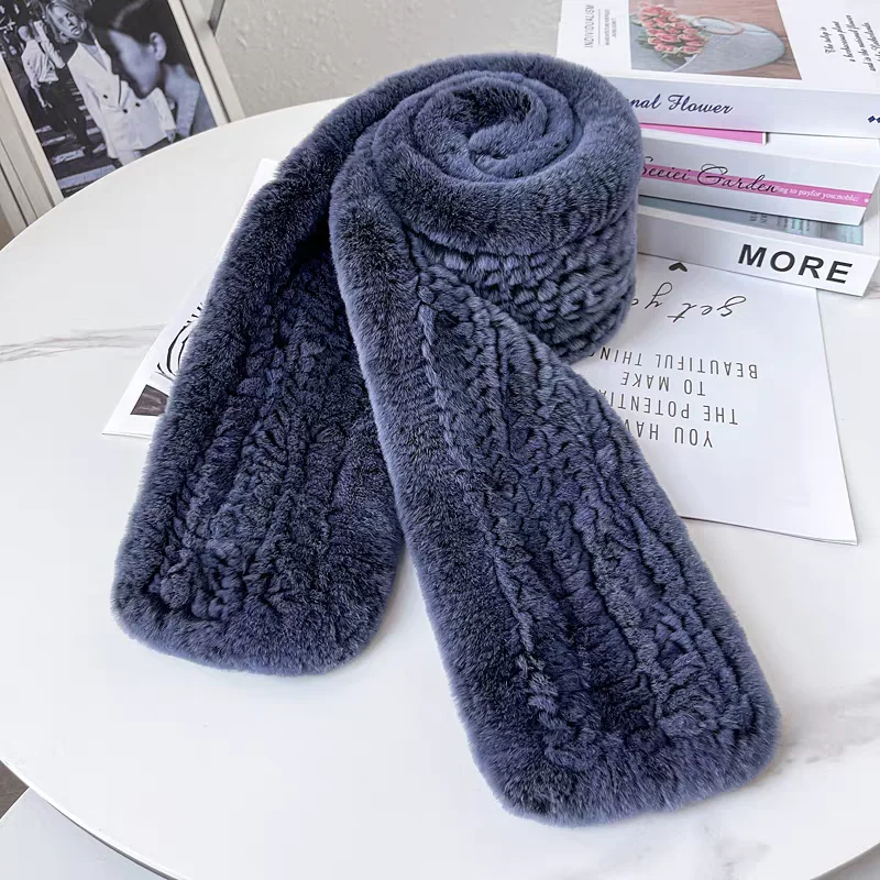 New Lady Genuine Rex Rabbit Fur Scarves Fashion Long Style Knitted Russian Women Winter Fur Mufflers