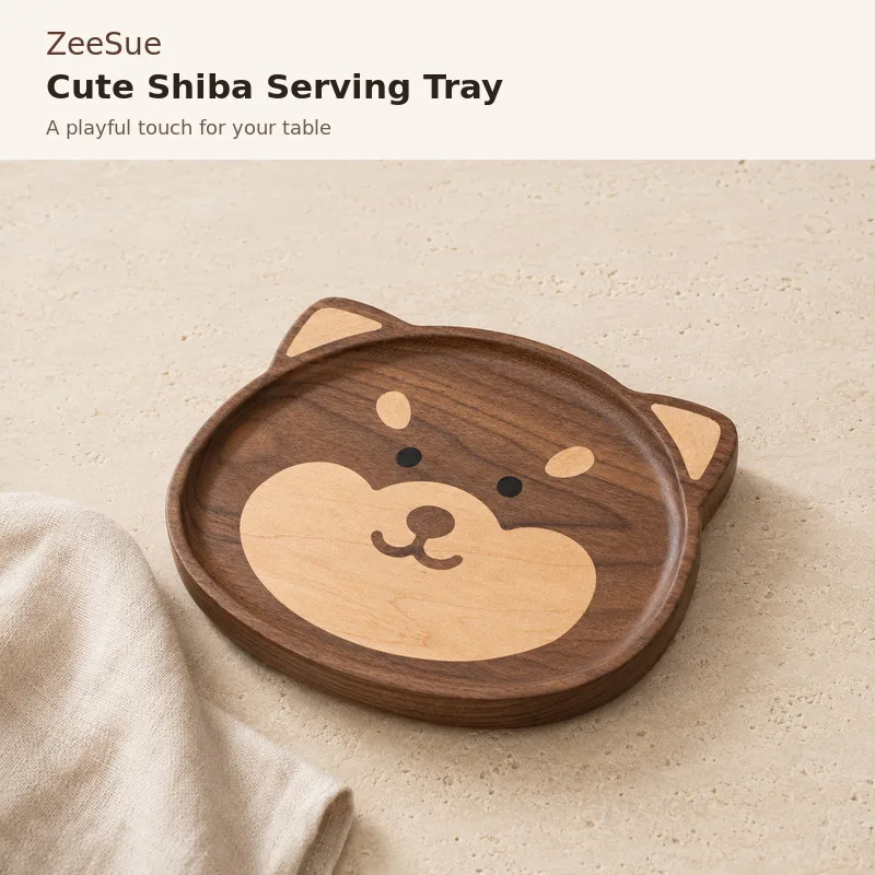 Cute Shiba Inu Wooden Serving Tray, Round Snack and Dessert Plate for Tabletop, Coffee Table and Gift