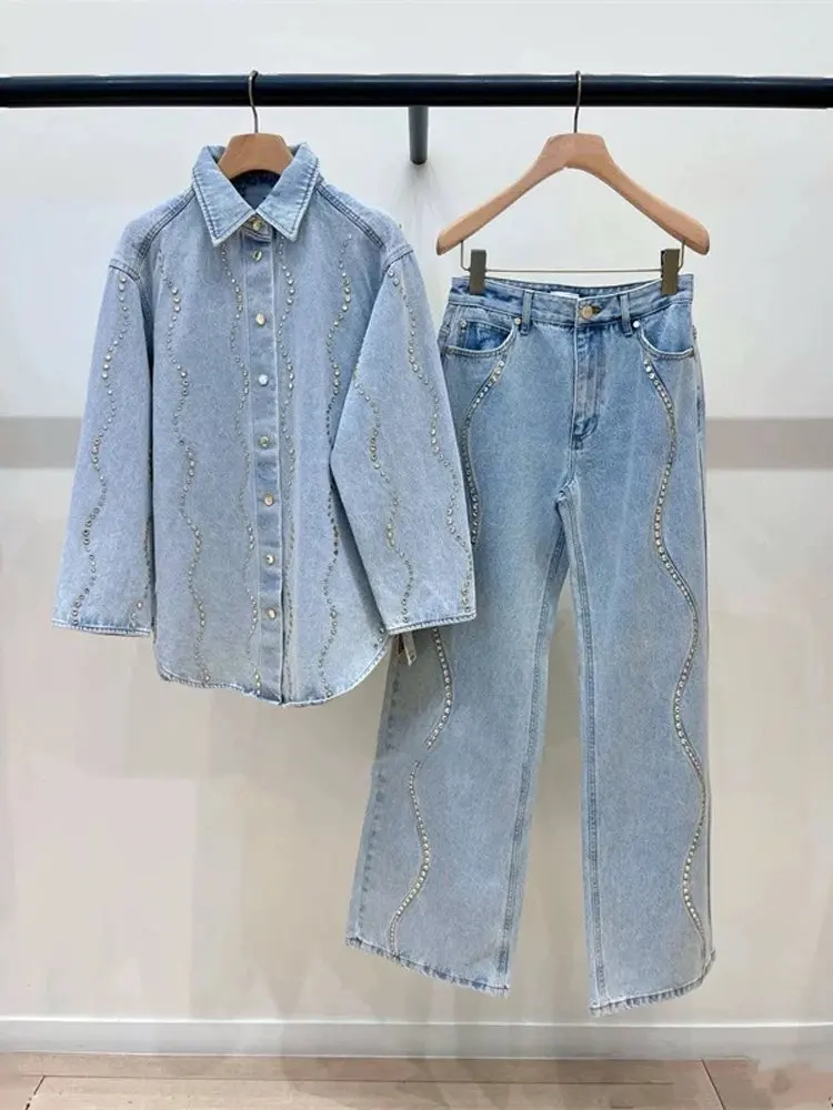 Faionable losse denim Jaet orts wijde pijpen broek set zware strass versierd lente zomer nieuwe collectie dameskleding