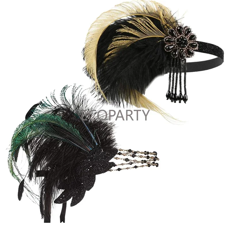 Charleston Feather fasce verde giallo perline con frange copricapo Flapper accessori per abiti Cosplay Great Gatsby Costume puntelli