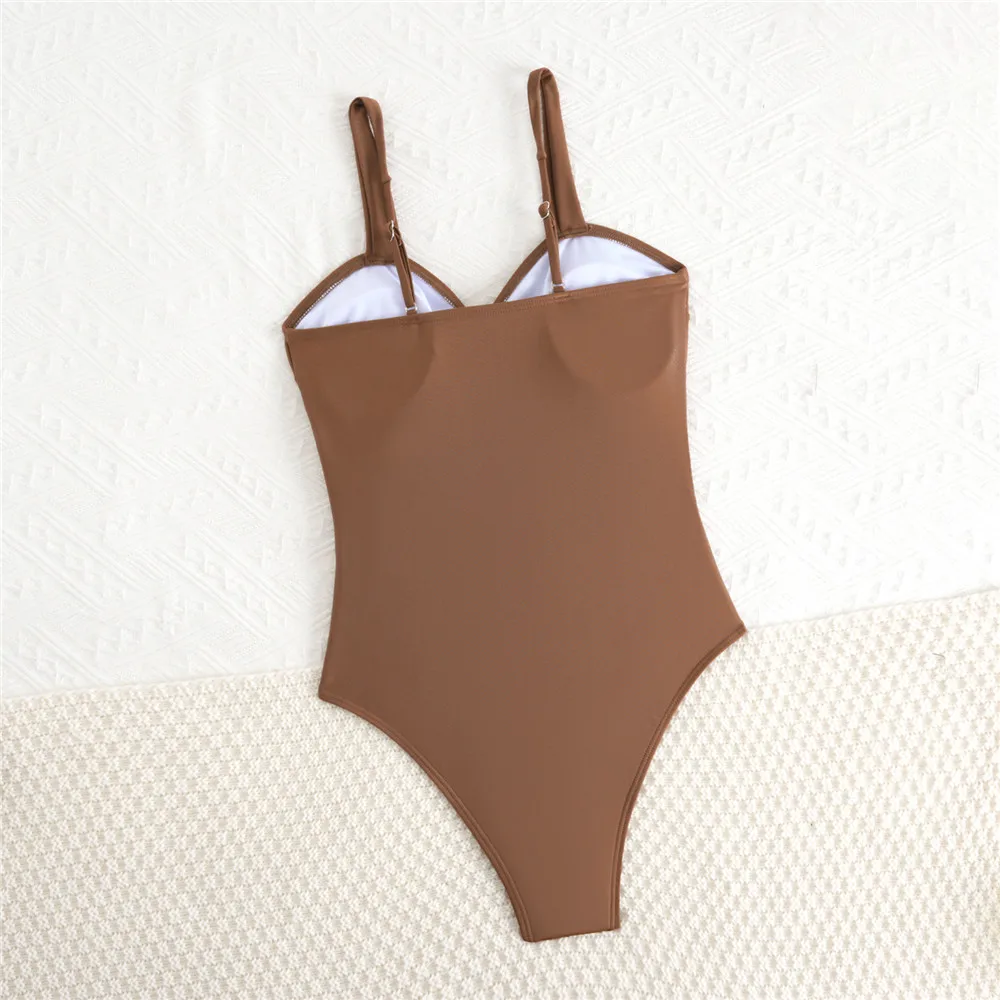 Solid Brown Hollow Out Metal Ornament Swimwear Woman One Piece Sexy Swimsuit 2026 Monokini Bathing Swimming Suit Wear Bathers