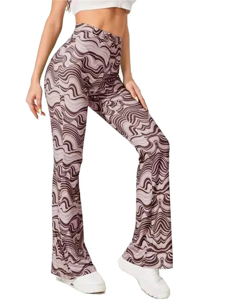 여성용 하이 웨이스트 플레어 팬츠 워터 리플 캐주얼 바지 비대칭 스트리트 슬레 롱 팬츠 폴리에스테르 스판덱스 블렌드