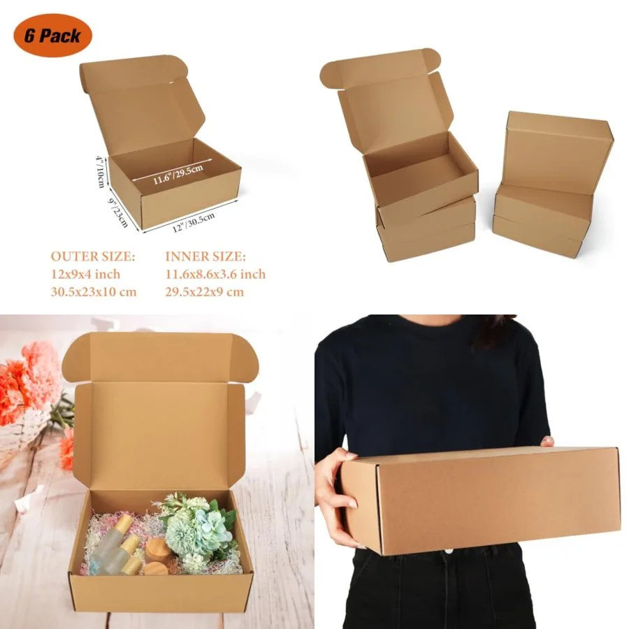 

12x9x4 inch Shipping Boxes 6 Pack, Tab Lock Tuck Top Mailer Boxes for Packaging Small Business, Medium Cardboard Gift Boxes for
