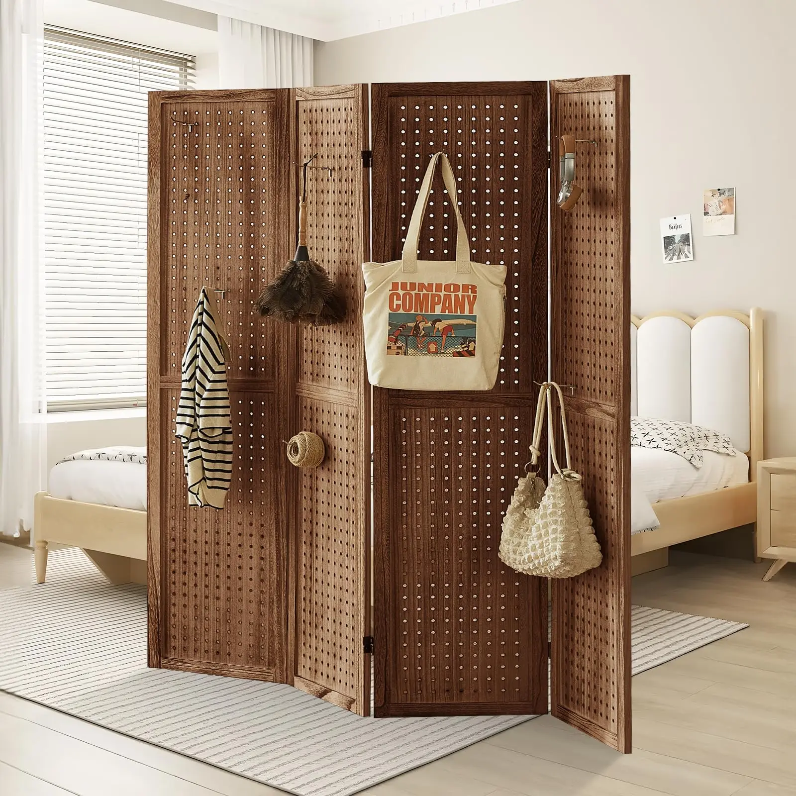4 Panel Pegboard Display with 16 Hooks, Wooden Room Divider Wall and Folding Privacy Sns, Partition Room dividers