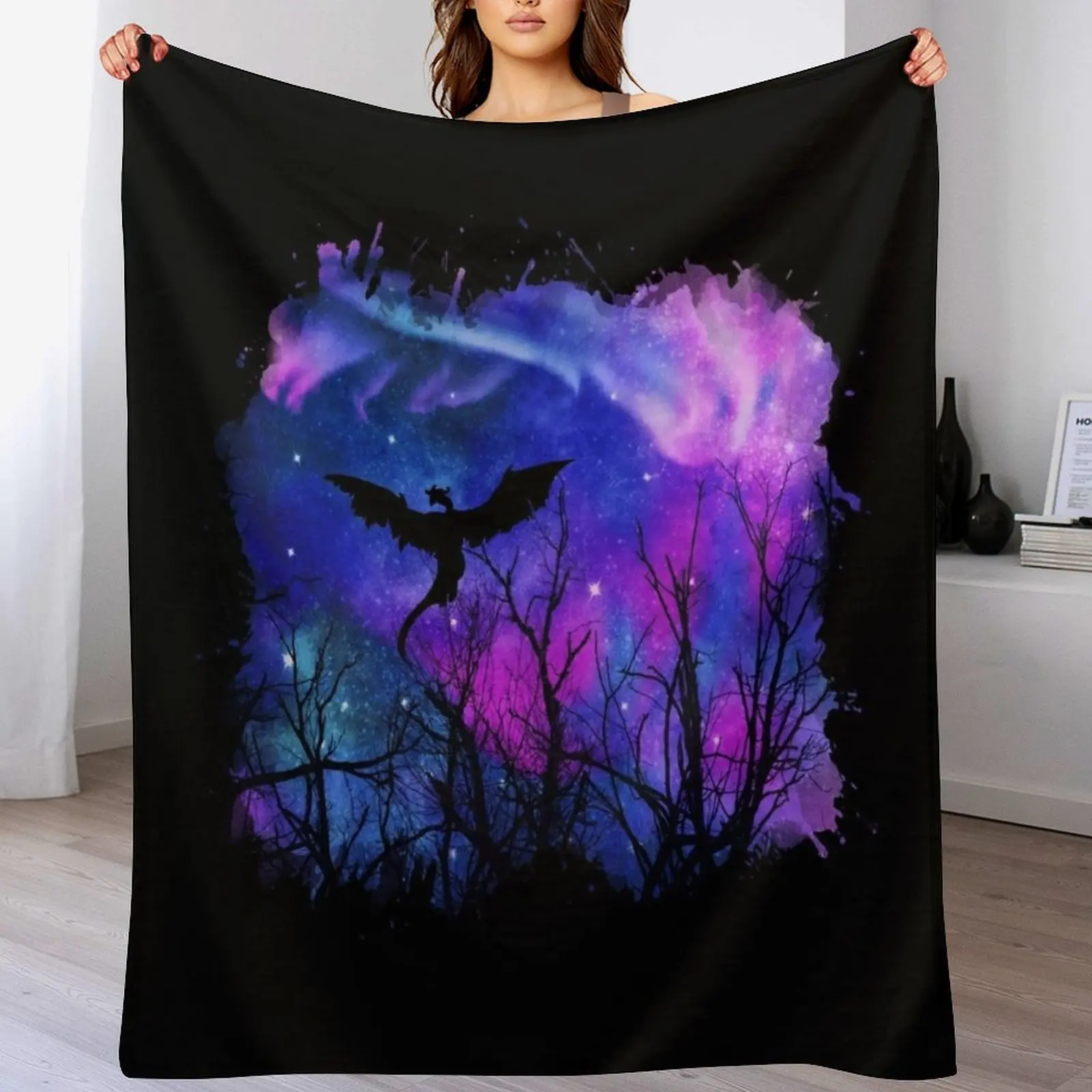 

Dragon In Aurora Skies Fantasy Throw Blanket Multi-Purpose Summer wednesday valentine gift ideas Blankets