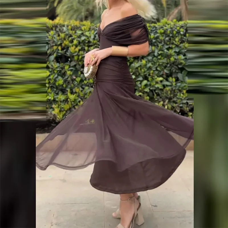 Summer Backless Hollow Boho Dress Womens Sexy Chest Wrapping Mesh Draped Party Dress Spring Solid High Waist Slim Hem Long Dress