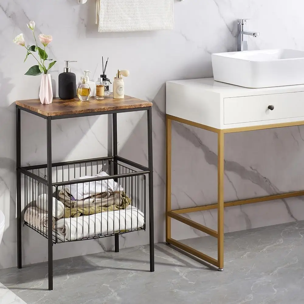 

Metal Basket End Table, Storage Nightstand with Shelf, Metal Frame Wood Stand, Waterproof for Various Rooms