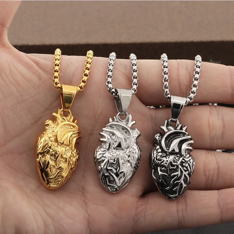 Personality Punk Quality 18K Gold Plated Titanium Steel Anatomical Heart Pendant Necklace for Men Creative Jewelry