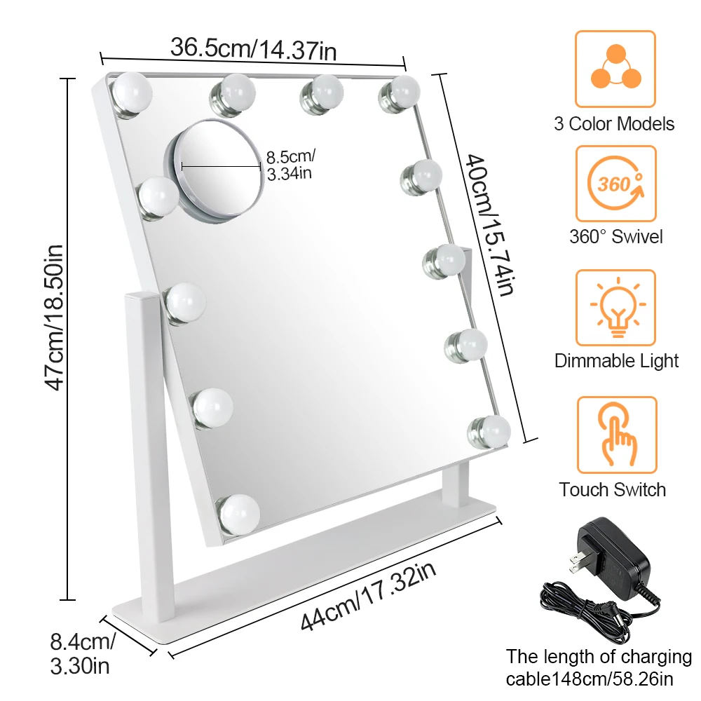 Depuley-Espejo de tocador para maquillaje, espejo cosmético LED regulable, 3 colores, aumento de 10X, 360 giratorio, Control táctil, plateado/Negro, 12 piezas