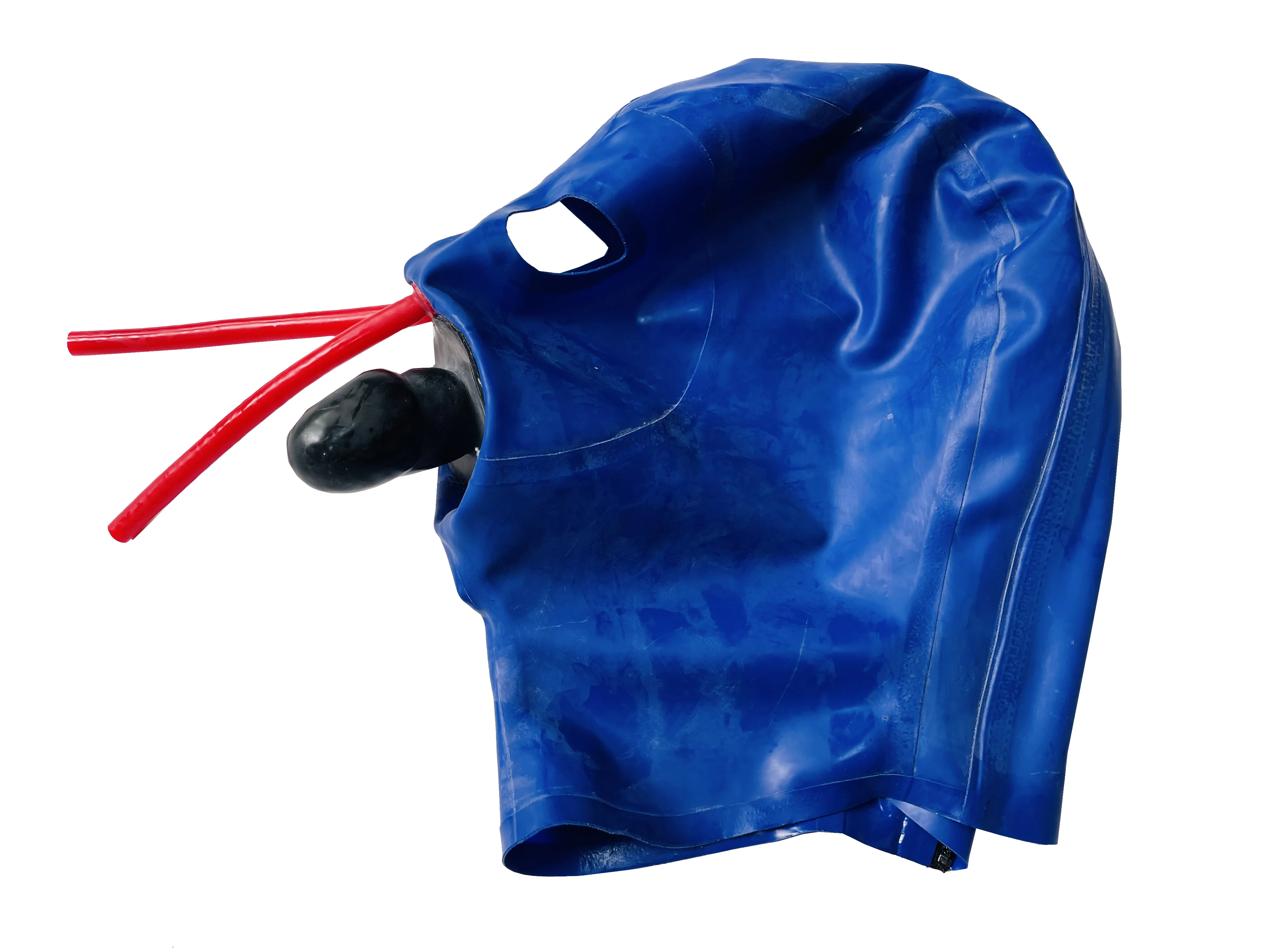 

Latex mask full cover hood with inner solid mouth sheath 5cm and 15cm long nose tube open eyes