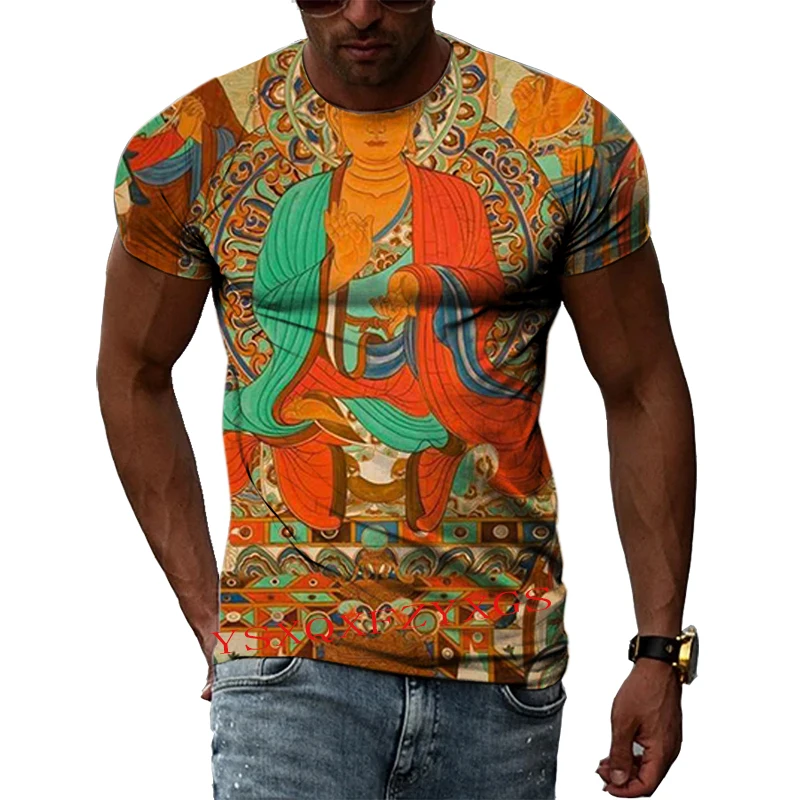 China Dunhuang Mural Art 3D Harajuku Printed Men\'s And Women\'s Summer Short-Sleeved Round Neck Literary Fashion New T-shirt Top