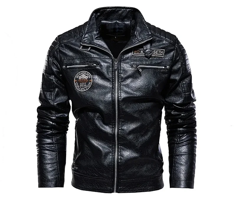 سترة رجالية من جلد البولي يوريثان بقصة ضيقة، سترة لراكبي الدراجات النارية مع ياقة واقفة، معطف دافئ أنيق للخريف والشتاء #1