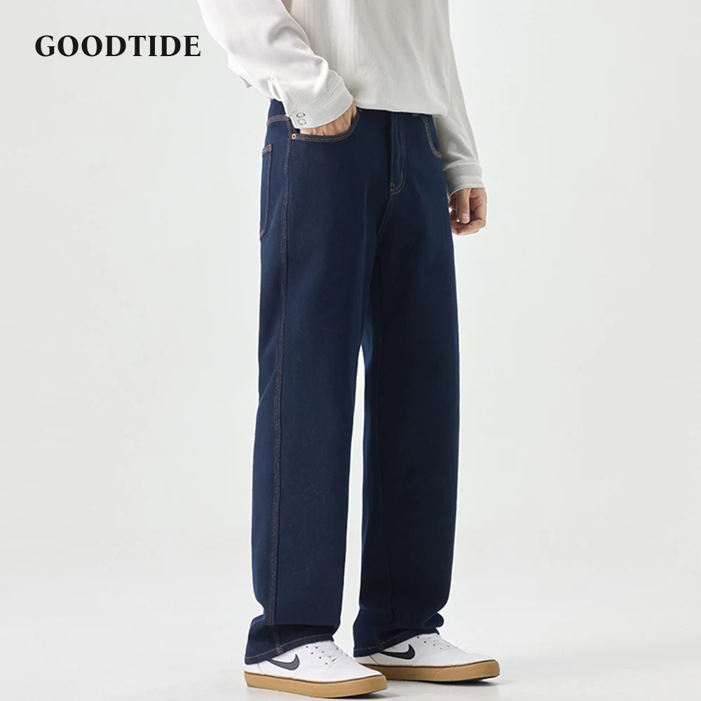 

Men's Wide Leg Jeans Loose Fit Denim Pants Contrast Stitching Casual Streetwear Trousers Comfortable Men Fashion Classic Design
