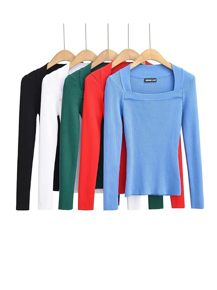 

Women 5 Colors Pull Femme Knitted Elastic Slim Sweaters Fall Winter Square Collar Pullovers