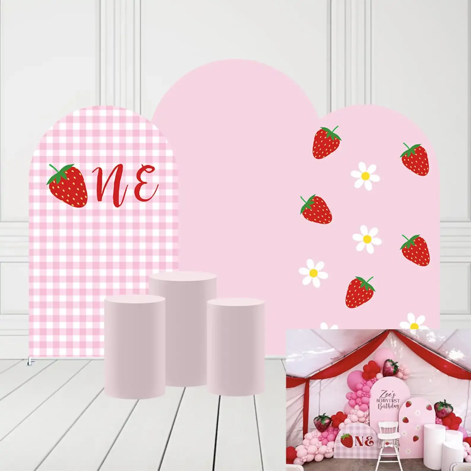 

Mehofond Custom Berry First Birthday Pink Strawberry Girl Cover Arch Background Baby Shower Party Decor Backdrop Photo Doublesid