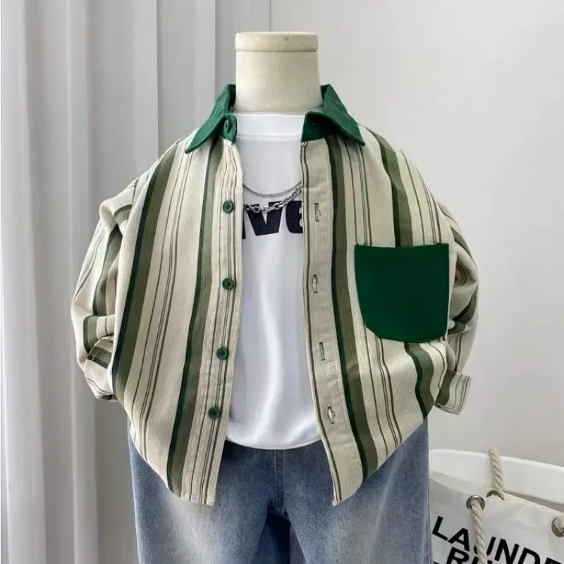 New Style Little Boys Rascal Handsome and Stylish Boys' Spring and Autumn Top 2-10Y Children's Corduroy Stripe Shirt Autumn 2025
