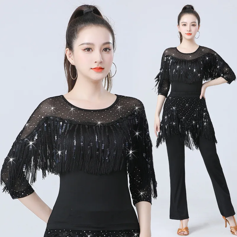 여성용 성인 라틴 스타일 재즈 모던 댄스 의상 탑 볼룸 댄스 스팽글 태슬 공연 의상 레이브 의상