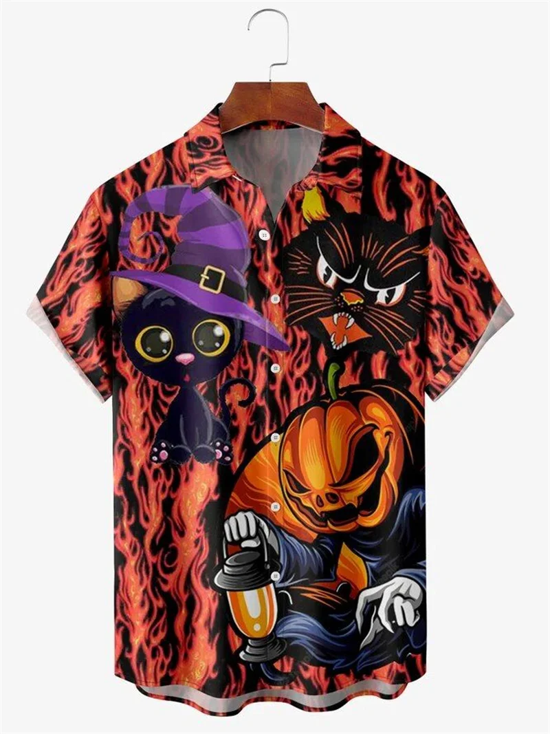 Men\'s Fashion Halloween Shirt Summer Cute Style Men\'s Clothing Party Holiday Men Top Pumpkin Head Print Boys\' Short Sleeve Shirt