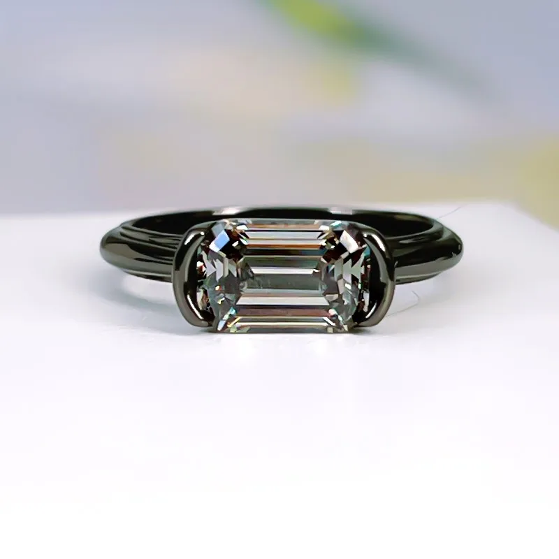 New European and American 925 sterling silver 6 * 9 rectangular Asche black gray zircon ring, retro and simple ring